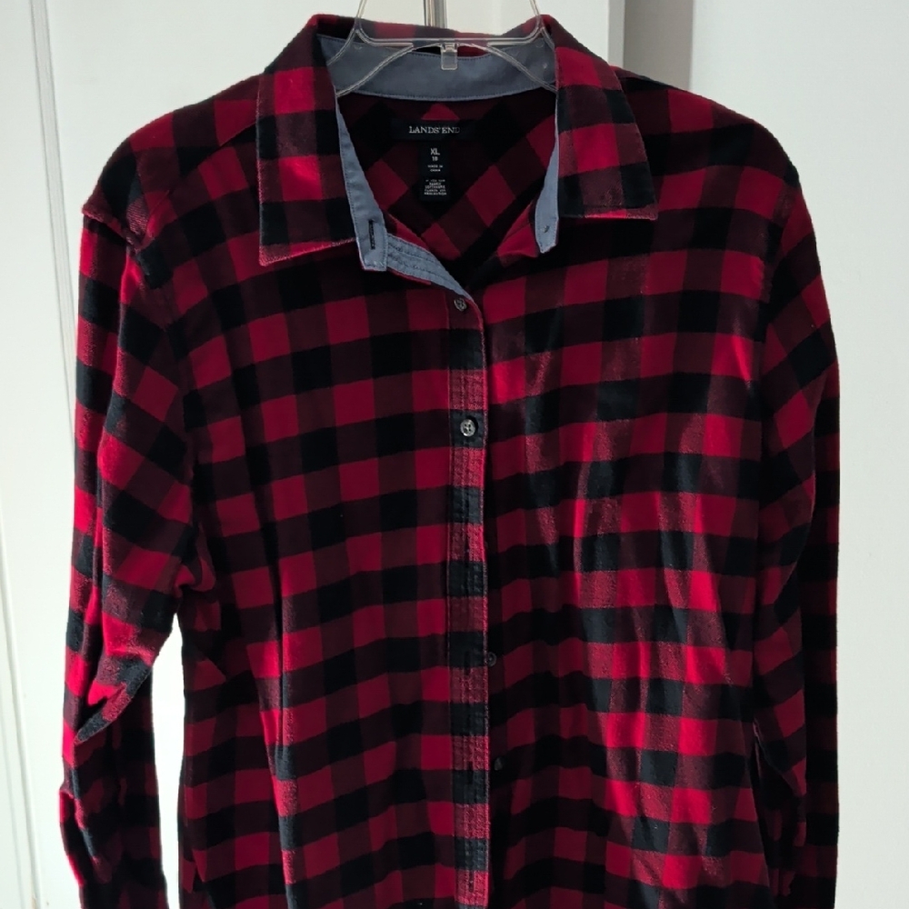 Lands' End Red and Black Checkered Button Down Shirt